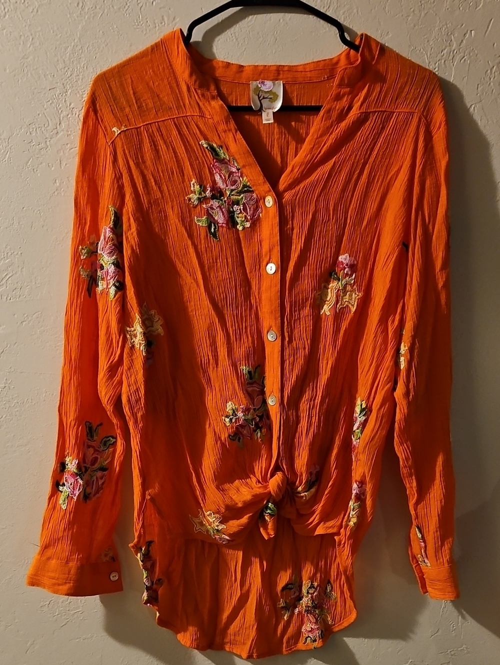 fig and flower Orange Embroidered Button-Down Blouse
